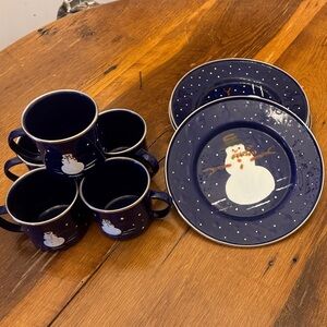 Snowman Cobalt Blue Mug and Plate Set